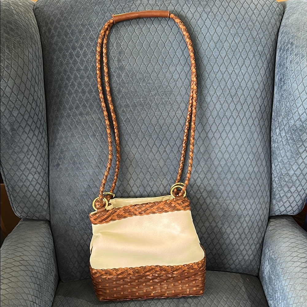 Vintage Bag By Marlo!  Elegant White and Brown Woven Leather Shoulder Bag!  EUC
